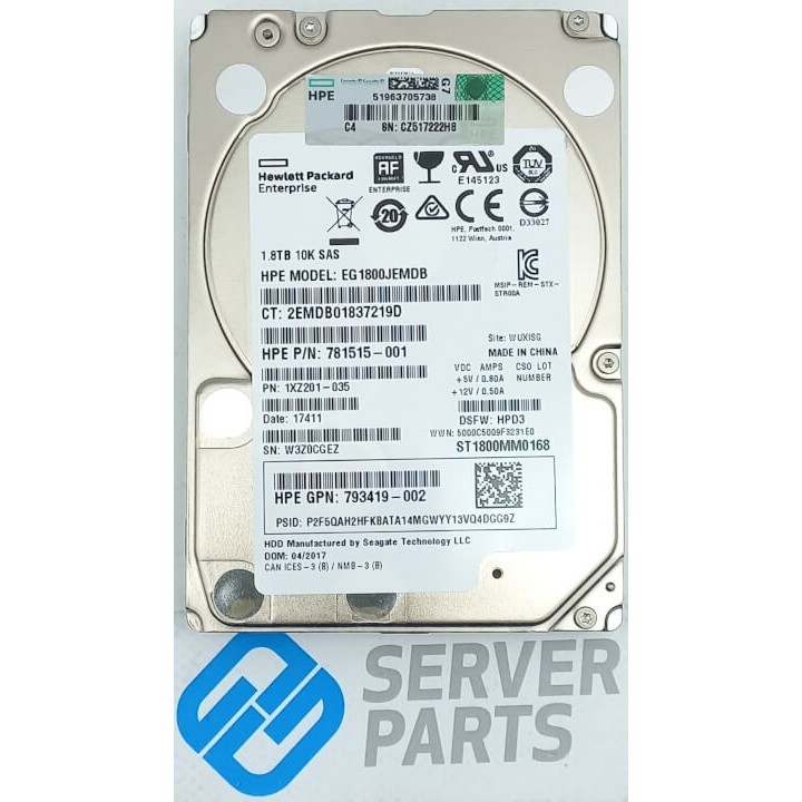 HPE 1.8TB 10K SAS 12G 2.5" 781515-001 utan vagga
