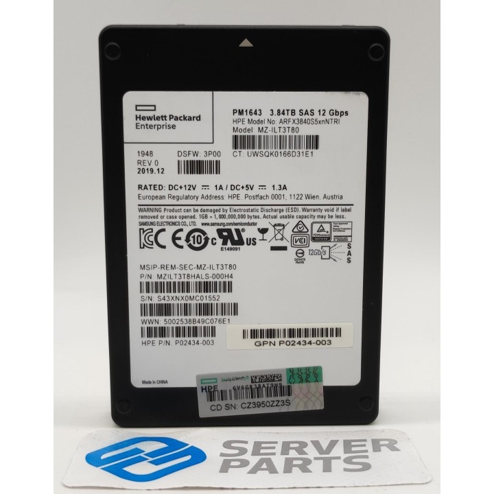 HPE 3.84TB SSD SAS 12G 2.5" P02434-003 utan vagga