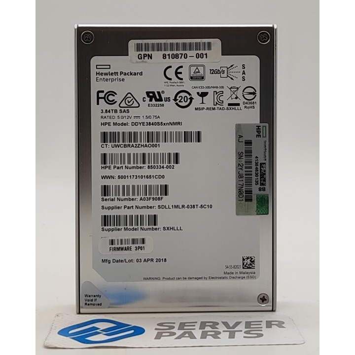 HPE 3.84TB SSD SAS 12G 2.5" 850334-002 utan vagga