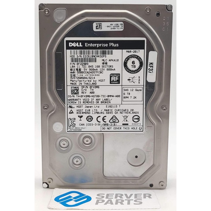 Dell 6TB 7.2K SAS 12G 3.5" FH3M6 utan vagga