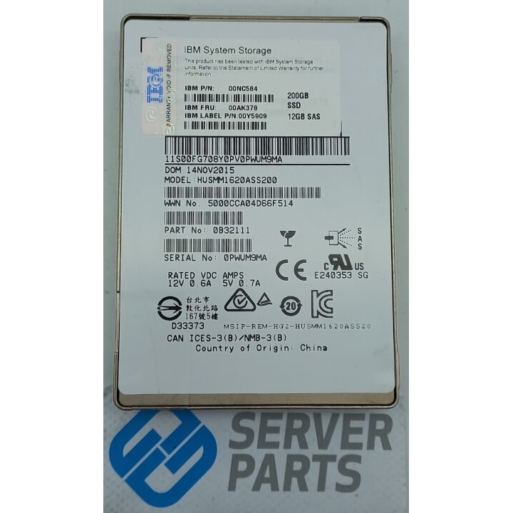 IBM 200GB SSD SAS 12G 2.5" FRU 00AK378 utan vagga