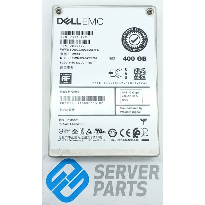 Dell EMC 400GB SSD SAS 12G 2.5" 118000313-02 utan vagga
