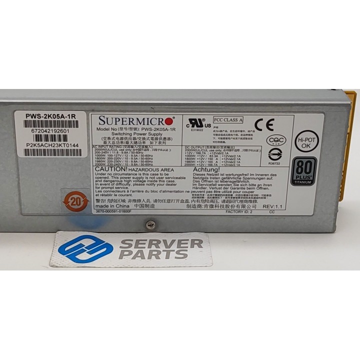 Supermicro 1U Hot-Plug PSU 2000W 80 Plus Titanium PWS-2K05A-1R