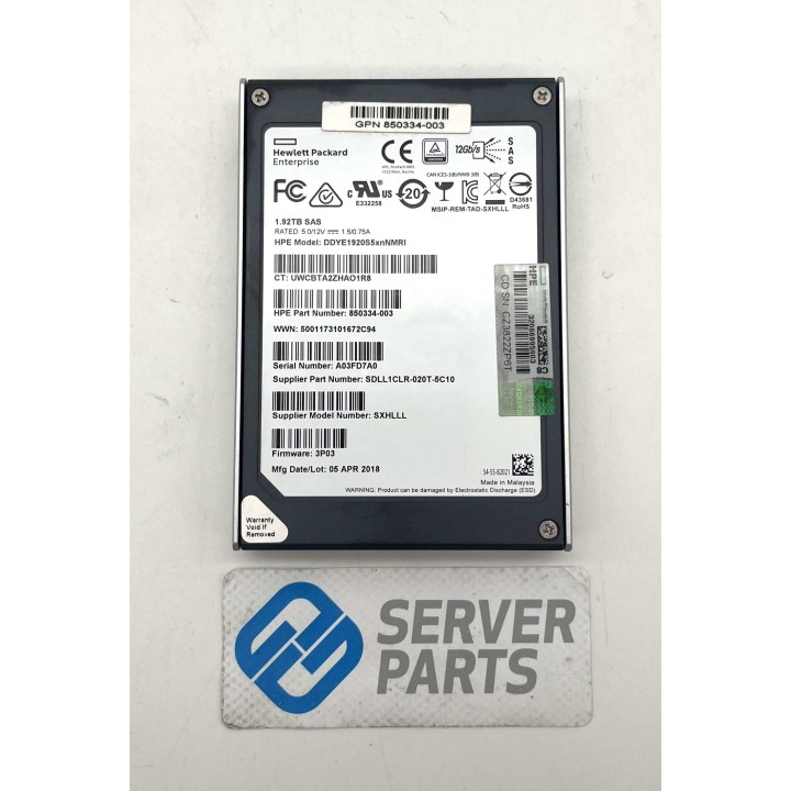 HPE 1.92TB SSD SAS 12G 2.5" 850334-003 utan vagga