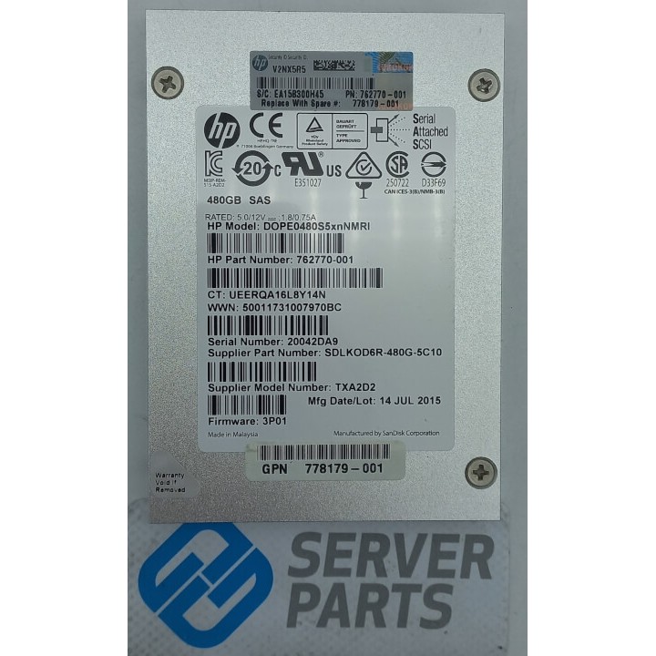 HP 480GB SSD SAS 6G 2.5" 762770-001 utan vagga