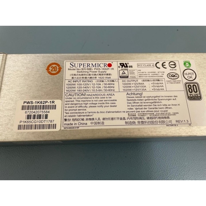 Supermicro 1U Hot-Plug PSU 1620W 80Plus Platinum PWS-1K62P-1R
