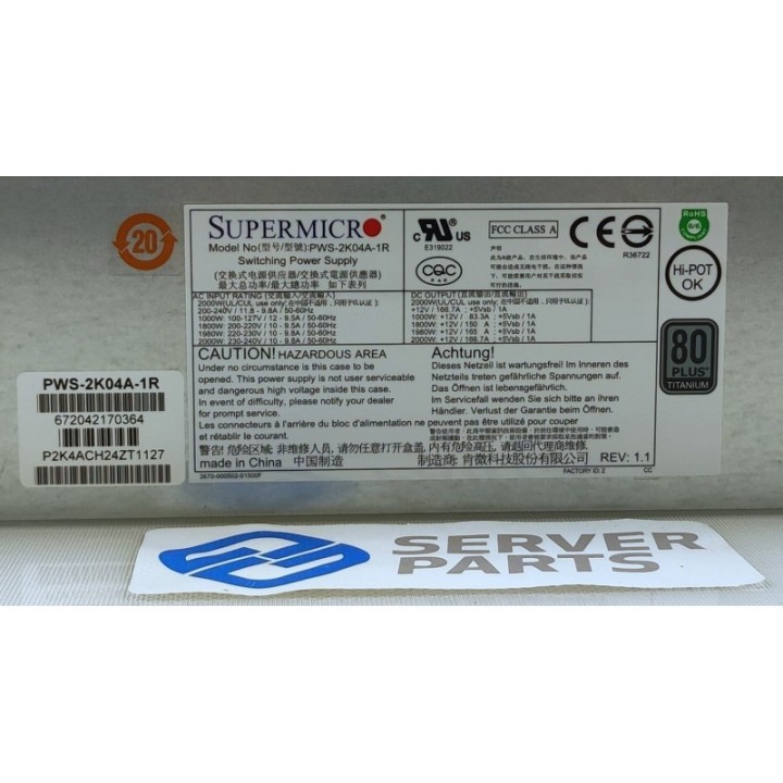 Supermicro 1U Hot-Plug PSU 2000W 80 Plus Titanium PWS-2K04A-1R